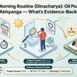 Ayurvedic morning routine Dinacharya evidence guide 2026 - Oil pulling (gingival health, 2024 meta-analysis, 21 RCTs), tongue scraping (halitosis, bacterial load, Cochrane 2019), abhyanga (16.4% stress reduction, Stanford pilot 2024). Complete evidence-based morning ritual with coconut oil, sesame oil, and self-massage. Not a substitute for brushing/flossing. Ayurvedic wellness science.