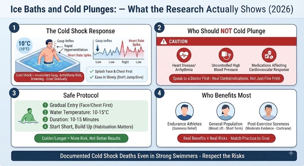 Cold plunge safety guide - Cold shock response: involuntary gasp, hyperventilation, arrhythmia risk, drowning. Enter gradually (splash face/chest first, ease in slowly). Contraindicated for: heart disease, uncontrolled high blood pressure, medications affecting cardiovascular response. Safe protocol: 10-15°C water, 10-15 minutes, start short build up. Colder/longer = more risk. Documented deaths even in strong swimmers. Complete cold plunge safety guide 2026.