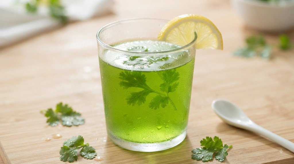Close-up of a glass of coriander-lemon water with lemon wedge and coriander sprig, highlighting the natural uric acid remedy drink.
