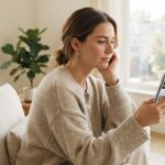 A calm individual looking thoughtfully at a smartphone in a naturally lit, minimalist home setting, contrasting social media wellness trends with evidence-based medicine.