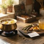 Traditional Indian decoction with Giloy stems, cinnamon, turmeric, and black pepper simmering in a clay pot.