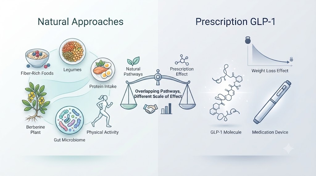 Visual comparison showing the evidence gap between natural GLP-1 approaches like fiber, protein and berberine versus prescription GLP-1 drugs