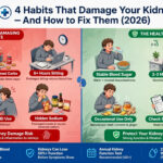 Habits that damage kidneys and how to fix them – 4 damaging habits: sugary drinks & refined carbs (blood sugar spikes), prolonged sitting (6+ hours daily), frequent NSAID painkiller use, hidden sodium in packaged foods. Fixes: swap biscuits for roasted chana/makhana, move 2-3 min every hour, occasional painkiller use only, read food labels. Kidneys filter 1 litre blood per minute. Annual kidney test recommended for 40+. Complete health guide 2026.