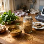 Natural remedies for high BP and cholesterol displayed in a home kitchen: fresh garlic, soaked fenugreek seeds (methi), flaxseeds, and Arjuna bark on a wooden counter with natural window light. Evidence-based Indian home remedies for heart health.