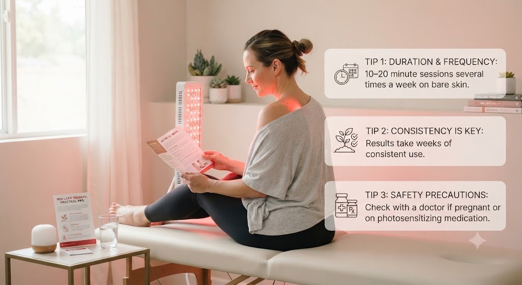 How to use red light therapy: 10–20 min sessions, bare skin, safety notes