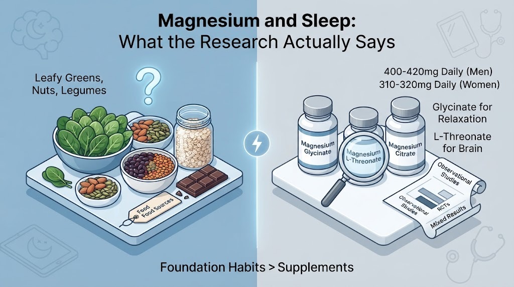 Magnesium and sleep research - Evidence-based guide comparing food sources vs supplements. Includes leafy greens, nuts, seeds, legumes, dark chocolate, magnesium glycinate, L-threonate, and citrate. Daily dosage 400-420mg men, 310-320mg women. Research shows mixed results. HealthMorph.