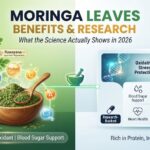 Moringa leaves benefits research 2026 hero image showing moringa powder nutritional profile and blood sugar antioxidant anti-inflammatory support