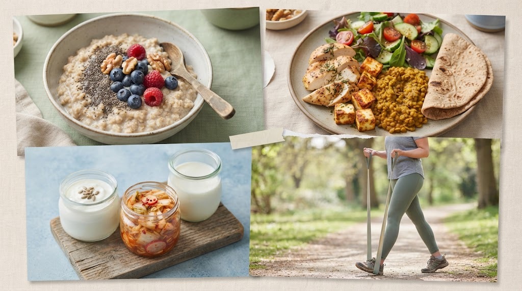 Practical weekly natural GLP-1 approach showing high-fiber meals, protein-focused plates, fermented foods and consistent exercise