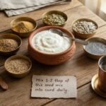 Seeds with curd for calcium deficiency, weak bones, arthritis, and diabetes – flaxseeds, pumpkin seeds, sunflower seeds, chia seeds, and sesame seeds arranged around a bowl of fresh curd.