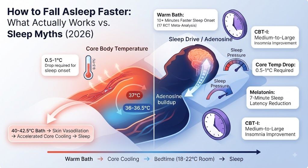 Sleep onset science explained - Core body temperature must drop 0.5-1°C to fall asleep. Warm bath (40-42.5°C) 1-2 hours before bed accelerates cooling via skin vasodilation. Sleep drive/adenosine builds through the day. Melatonin 7-minute sleep latency reduction. CBT-I gold standard. Complete sleep science guide.
