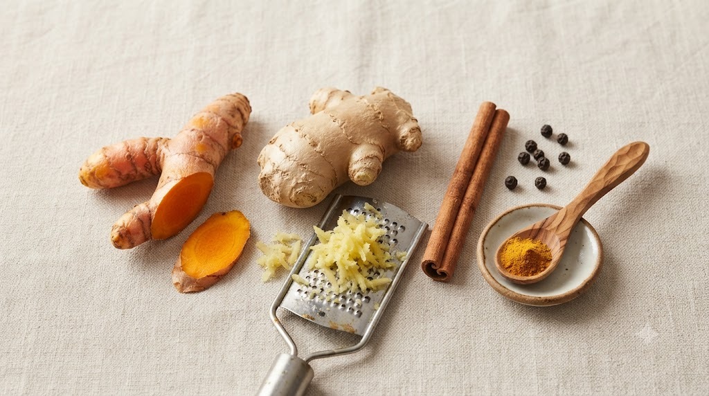 Key ingredients of the turmeric-ginger milk remedy – turmeric root, fresh ginger, cinnamon stick and black peppercorns with soft research-backed wellness feel