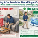 Walking after meals for blood sugar control – Research shows 10-15 minute walk within 15-30 minutes of finishing meal reduces glucose spike 12-22%. Dinner walk = 22% strongest reduction. GLUT4 pathway pulls glucose into muscle without needing insulin. Sitting after meals = prolonged spike (182 mg/dL). Walking = lower spike (164 mg/dL). Complete evidence-based guide 2026.