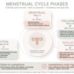 Clean educational diagram of the four menstrual cycle phases with evidence-based notes on training and nutrition, avoiding overstated claims