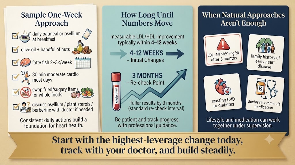 Natural cholesterol lowering one-week plan timeline and when to see a doctor