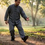A person practicing tai chi walking outdoors in a park, demonstrating deliberate slow movement and mindful posture for health benefits.