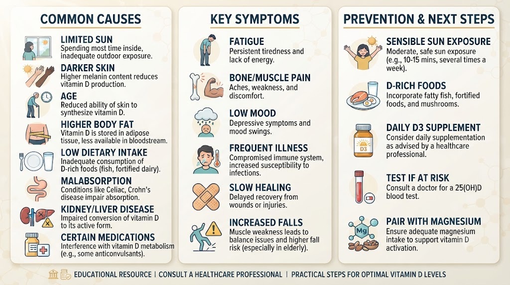 Vitamin D deficiency causes symptoms and practical prevention steps