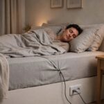 A person sleeping comfortably on a grounded bed sheet connected to a wall outlet.