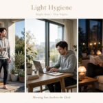 Light hygiene practices showing morning outdoor sunlight daytime brightness and evening dim warm lighting for better circadian health and sleep