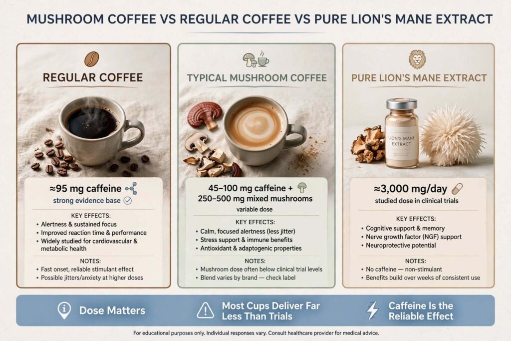 Mushroom coffee versus regular coffee and researched lion’s mane dose comparison highlighting lower mushroom content in most blends