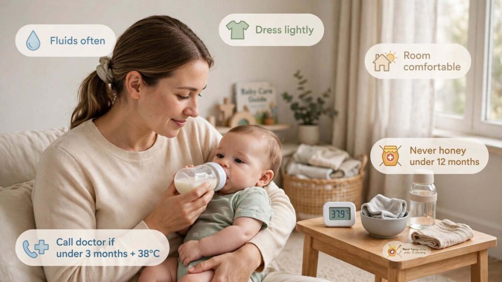 Safe natural ways to reduce fever in baby over 3 months including fluids light clothing and when to call a doctor for infant fever