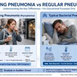 Walking pneumonia versus regular pneumonia comparison showing gradual dry cough low fever versus sudden high fever wet cough